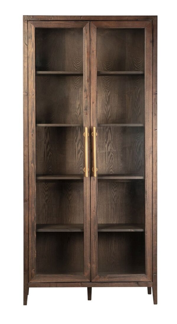 Tall dark brown cabinet with glass doors, front