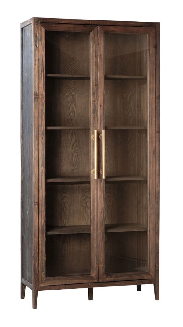 Tall dark brown cabinet with glass doors