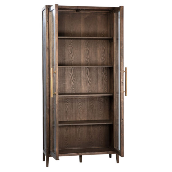Tall dark brown cabinet with glass doors, open