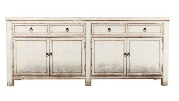 White media console cabinet with drawers, front
