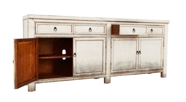 White media console cabinet with drawers, open