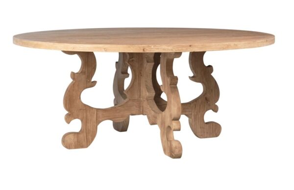 Round pine wood dining table with scroll legs