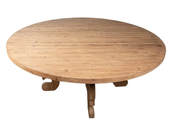 Round pine wood dining table with scroll legs, top