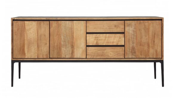 Natural teak sideboard with drawers and black iron legs, front