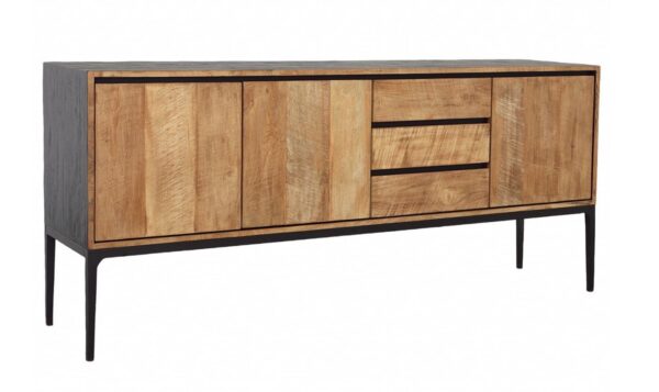 Natural teak sideboard with drawers and black iron legs