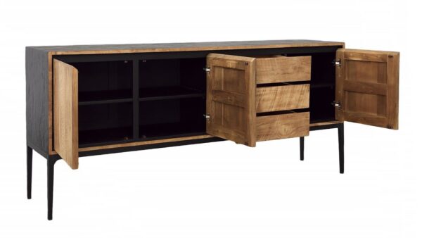 Natural teak sideboard with drawers and black iron legs, open