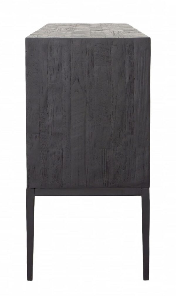 Natural teak sideboard with drawers and black iron legs, profile