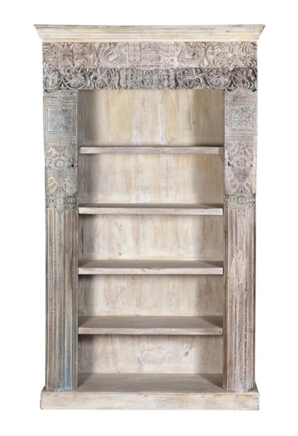 Tall, carved wood bookcase in whitewash finish , front