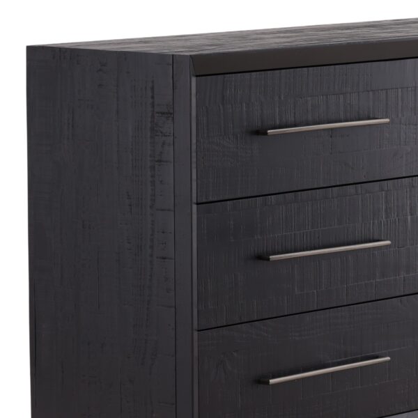 Large black dresser with 6 drawers and nickel hardware, detail