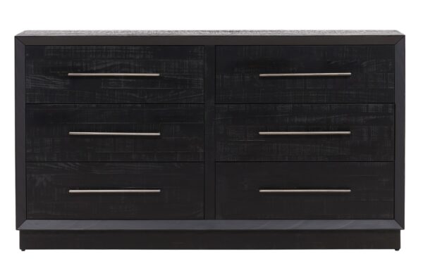 Large black dresser with 6 drawers and nickel hardware, front