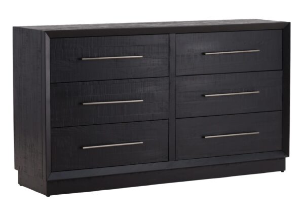 Large black dresser with 6 drawers and nickel hardware