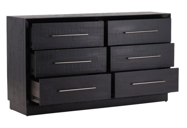 Large black dresser with 6 drawers and nickel hardware, open