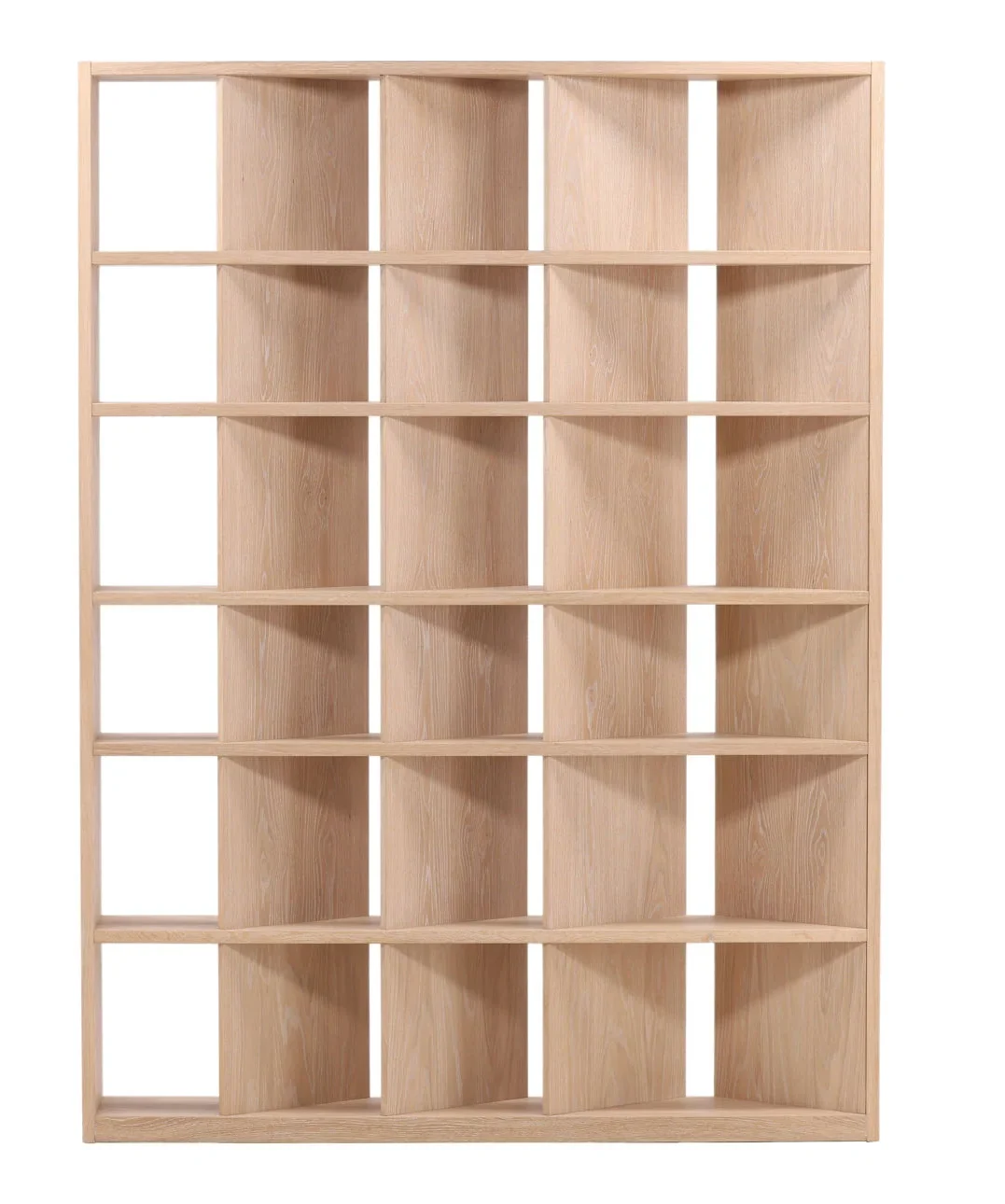 The Carpenter Bookcase is crafted from Oak wood and Oak Veneer, modern sophisticated bookcase with 5 shelves and 3 vertical running boards in diagonal as well as end board, front view