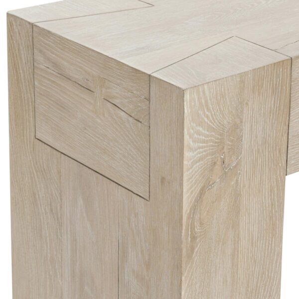 Solid oak wood console table in light cream finish, joinery detail