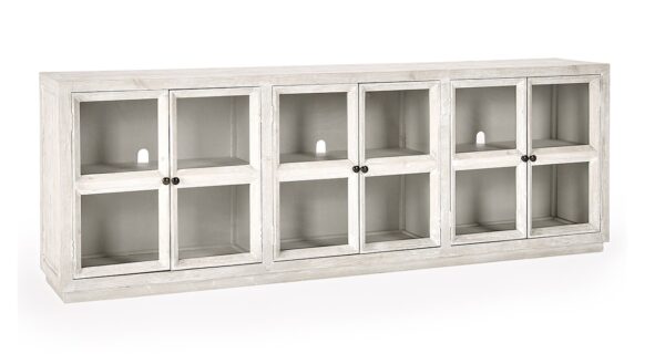 Long white media console with glass doors