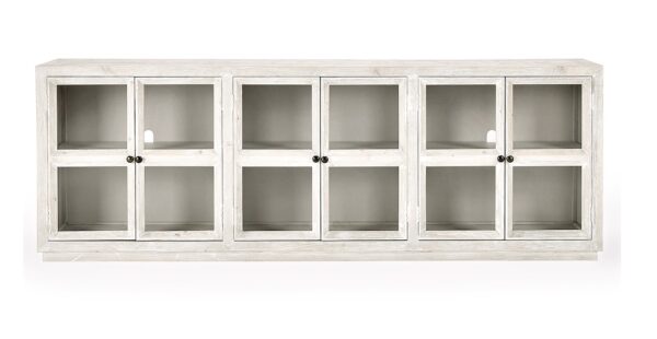 Long white media console with glass doors, front