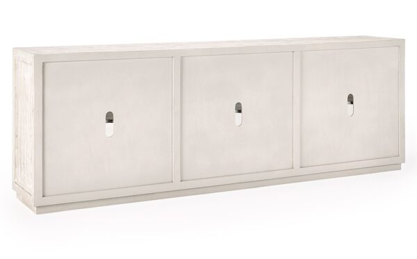 Long white media console with glass doors, back with holes for cables