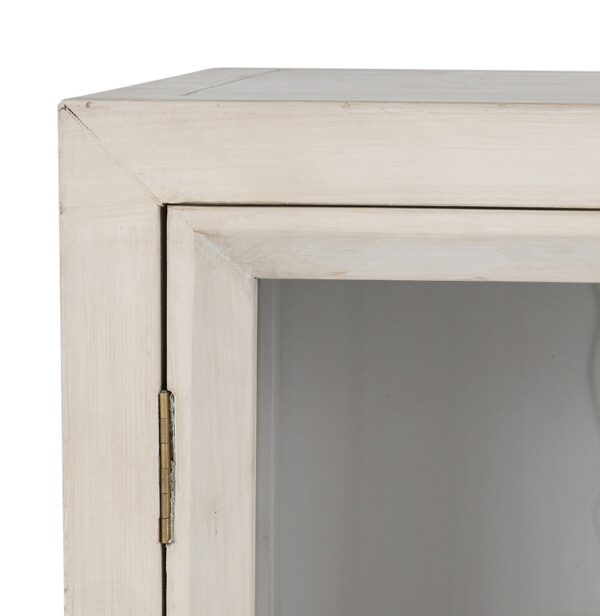 Long white media console with glass doors, detail
