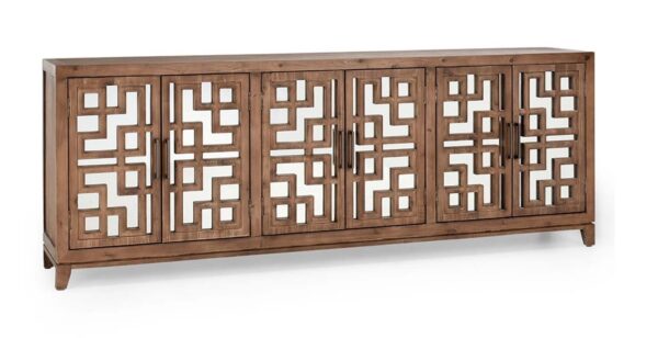 Large media console with mirror doors and geometrical design