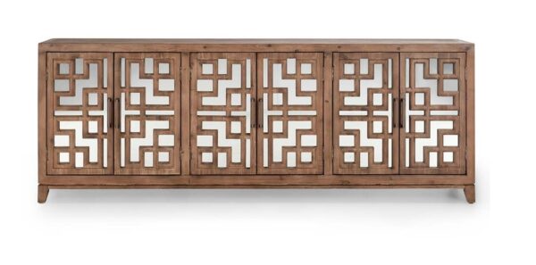 Large media console with mirror doors and geometrical design, front