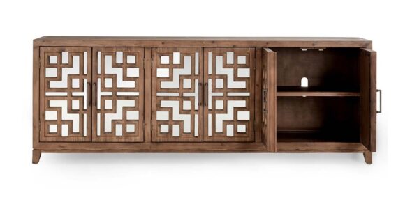 Large media console with mirror doors and geometrical design, open