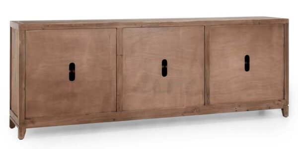 Large media console with mirror doors and geometrical design, back with holes for cables