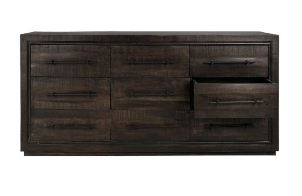 Large wood dresser with dark brown finish, front