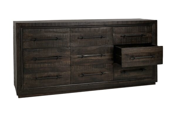 Large wood dresser with dark brown finish, open