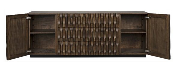 Carved dark walnut sideboard with drawers and cupboards, open doors