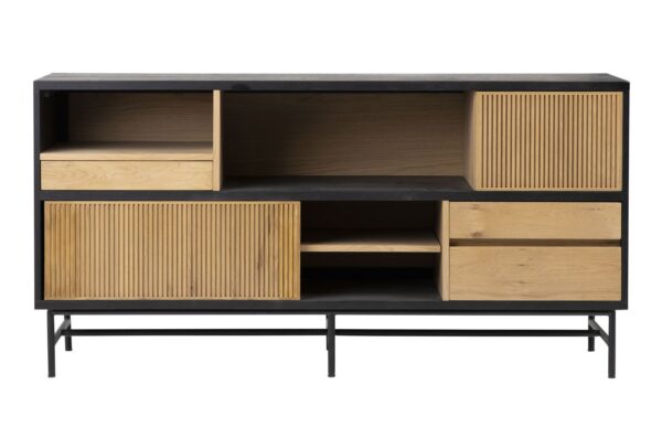 Natural and black wood sideboard with open shelf, front