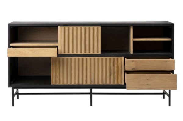 Natural and black wood sideboard with open shelf, front