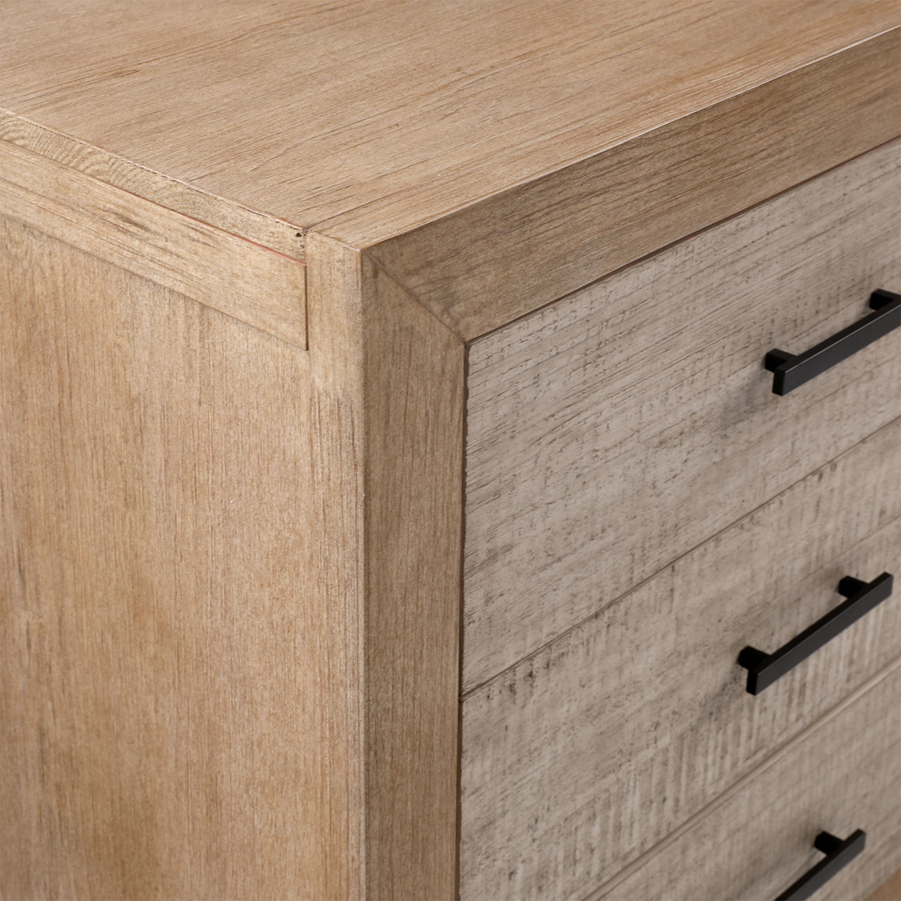 Solid pine wood 6 drawer dresser with pine veneer in light and grey warm wash finish, detail view
