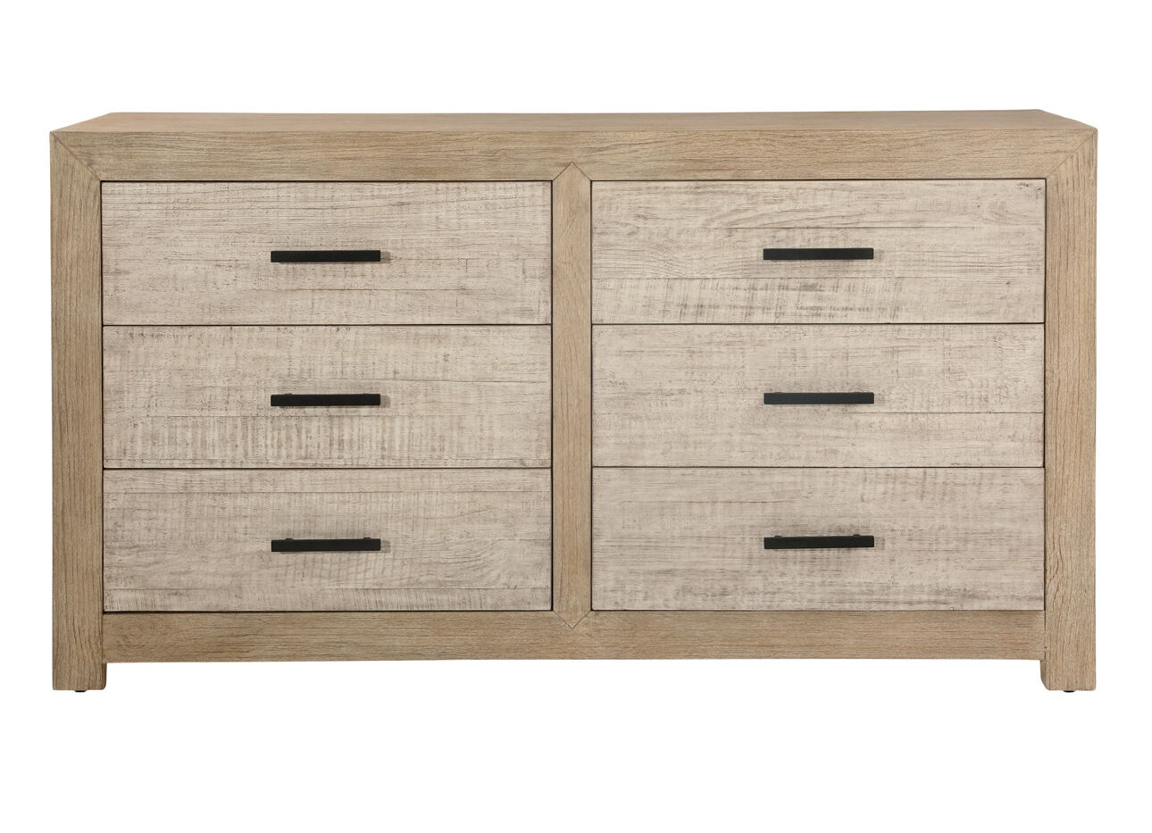 Solid pine wood 6 drawer dresser with pine veneer in light and grey warm wash finish, front view