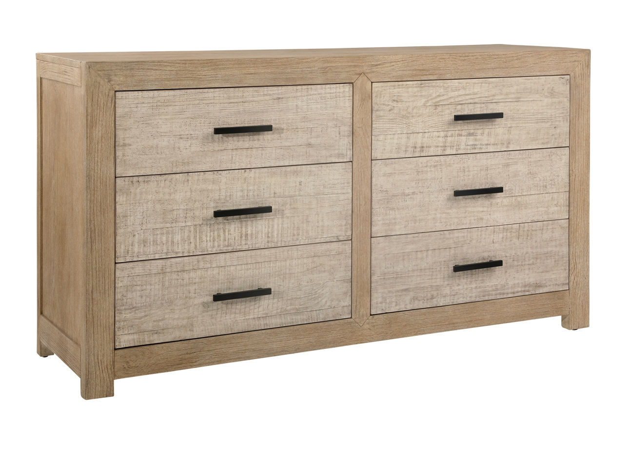 Solid pine wood 6 drawer dresser with pine veneer in light and grey warm wash finish, three quarter view