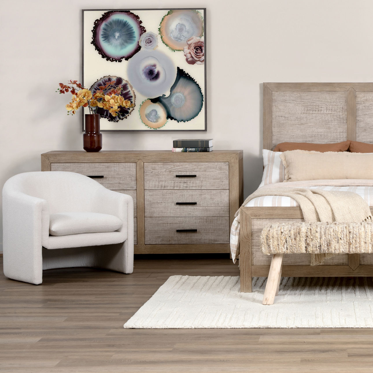 Solid pine wood 6 drawer dresser with pine veneer in light and grey warm wash finish, staged view