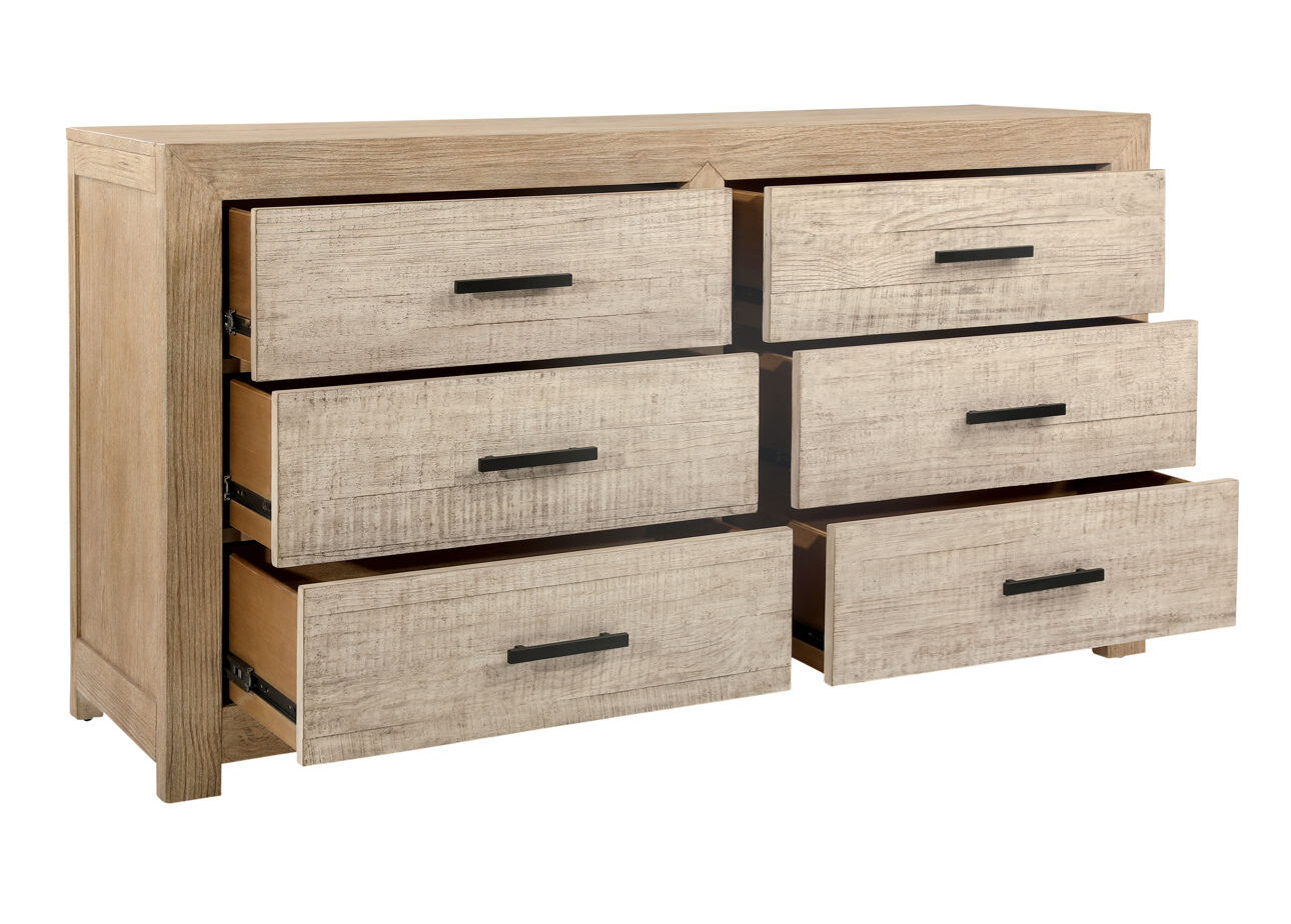 Solid pine wood 6 drawer dresser with pine veneer in light and grey warm wash finish, open view