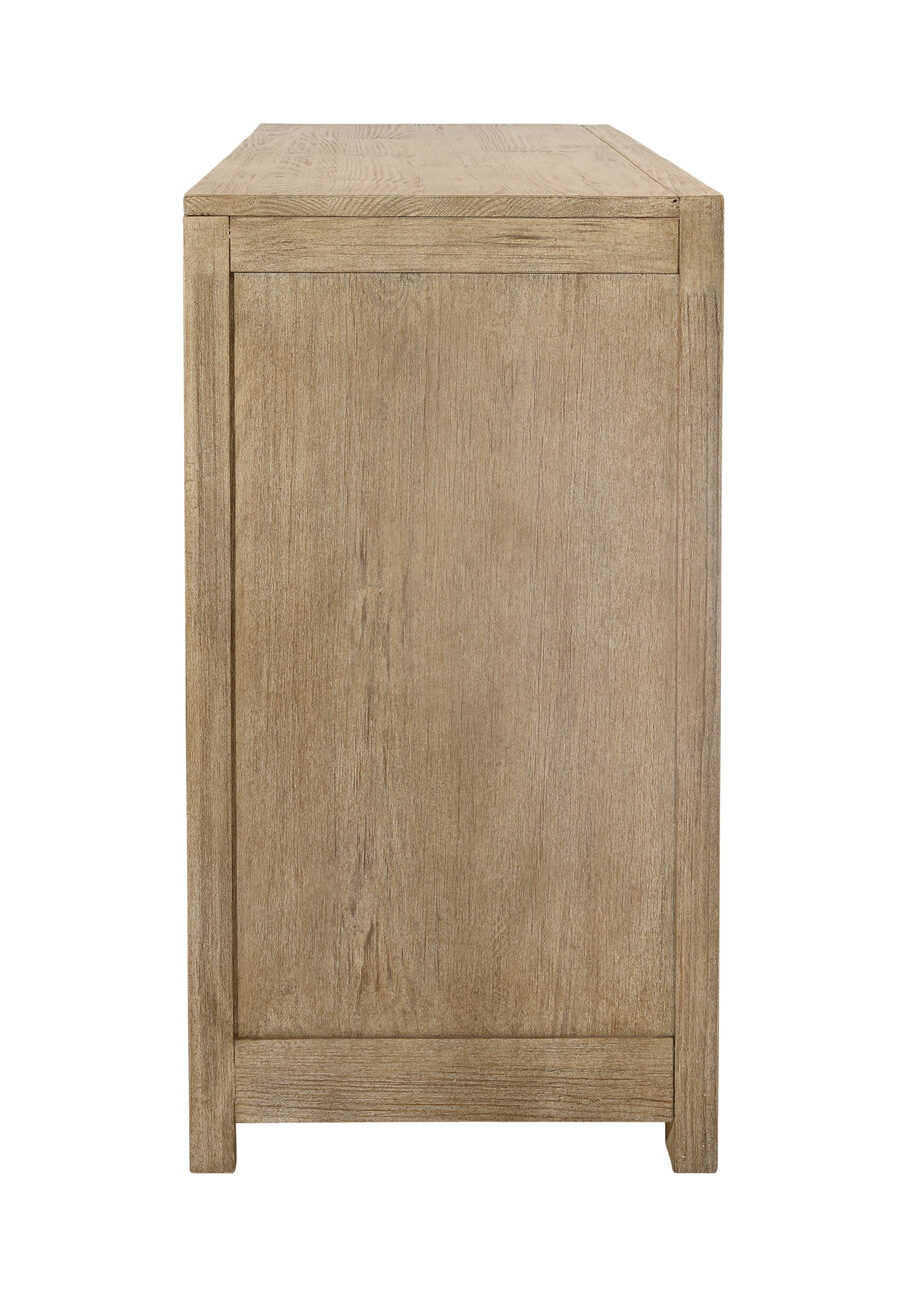 Solid pine wood 6 drawer dresser with pine veneer in light and grey warm wash finish, pofile view