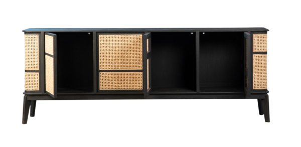 Black sideboard with rattan doors, open