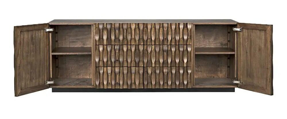 Carved dark walnut sideboard with drawers and cupboards, open doors