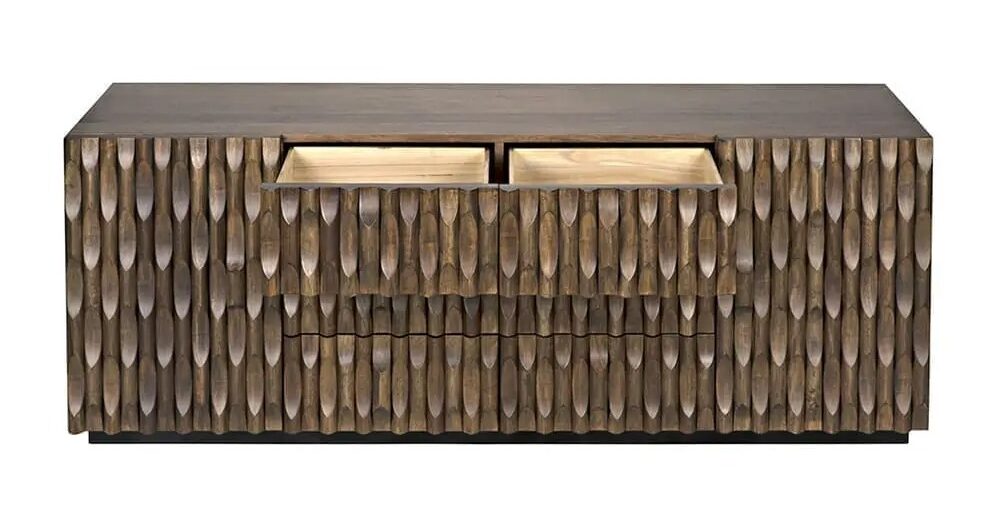 Carved dark walnut sideboard with drawers and cupboards, open