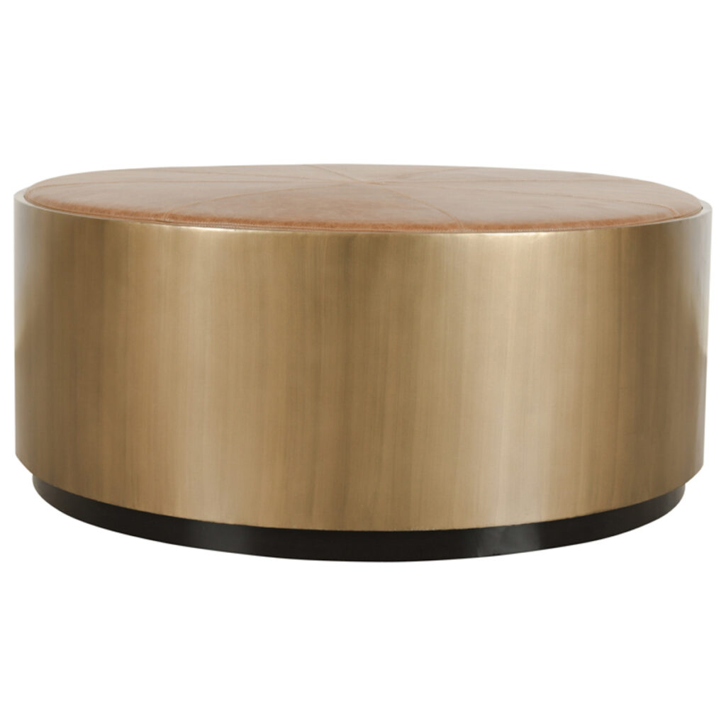 40″ Round Brass and Leather Coffee Table
