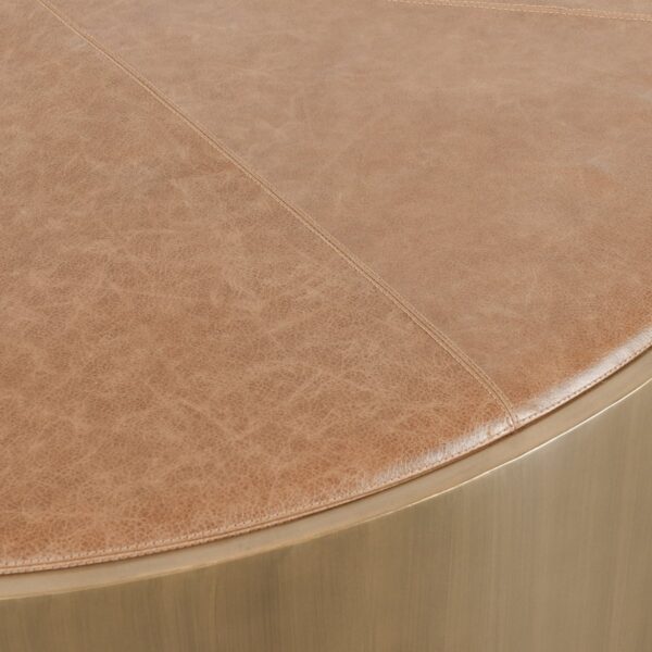 40" Round iron coffee table in brass finish and leather top, detail