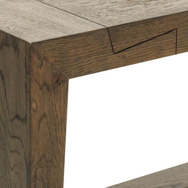 Brown oak wood console table with bottom shelf, joinery detail