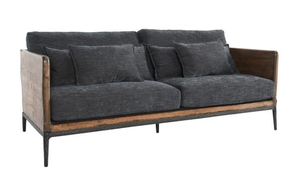 Wood and iron sofa with blue cushions