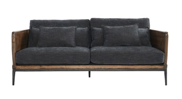 Wood and iron sofa with blue cushions, front
