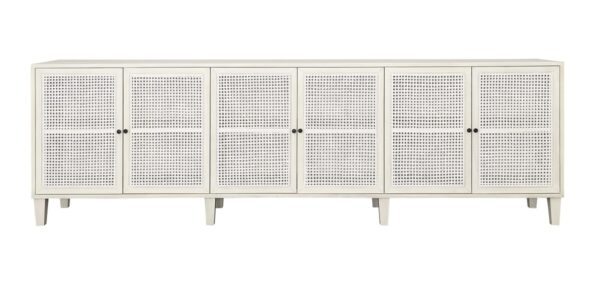 Long white media console with rattan doors, front