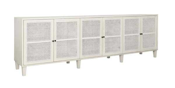 Long white media console with rattan doors