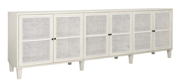 Long white media console with rattan doors