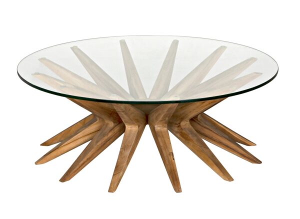 Round coffee table with glass top and teak base