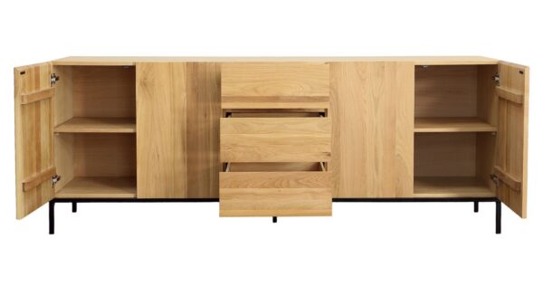 Light color oak sideboard with doors and drawers, open